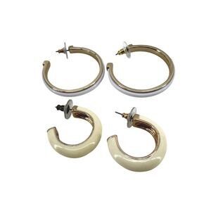 DKNY‎ Joan Rivers Hoop Earrings Set Gold Tone White Cream Enamel 2 Pairs